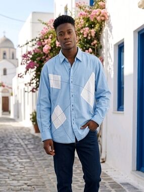 Men's Light Blue Geometric Button-Down Shirt